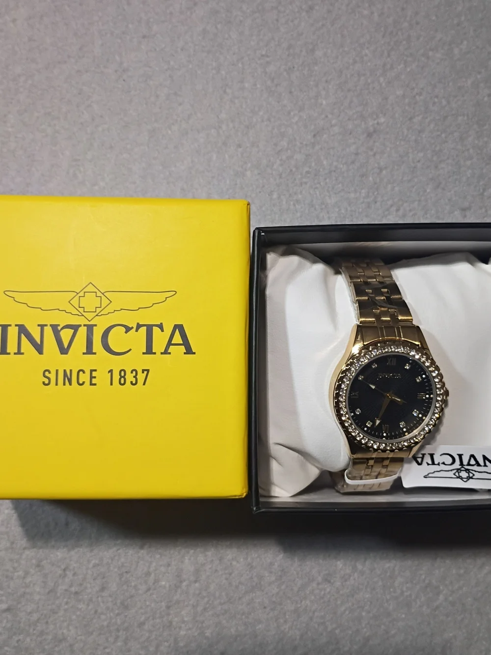 Invicta Gold Tone Watch with Black Dial and Crystal Bezel 33mm
